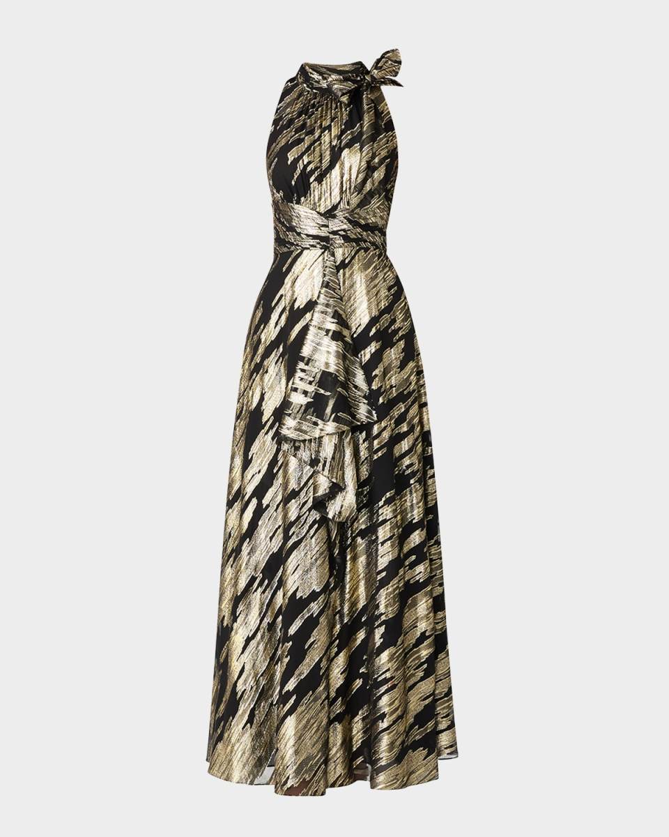 Faye Draped Metallic Jacquard Halter Gown